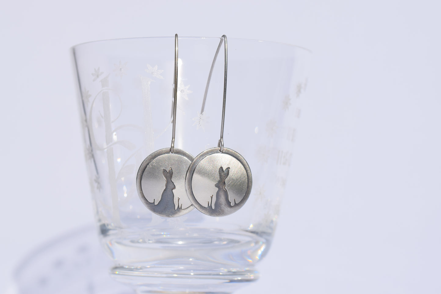Hare in moon Long dangle earrings in sterling silver