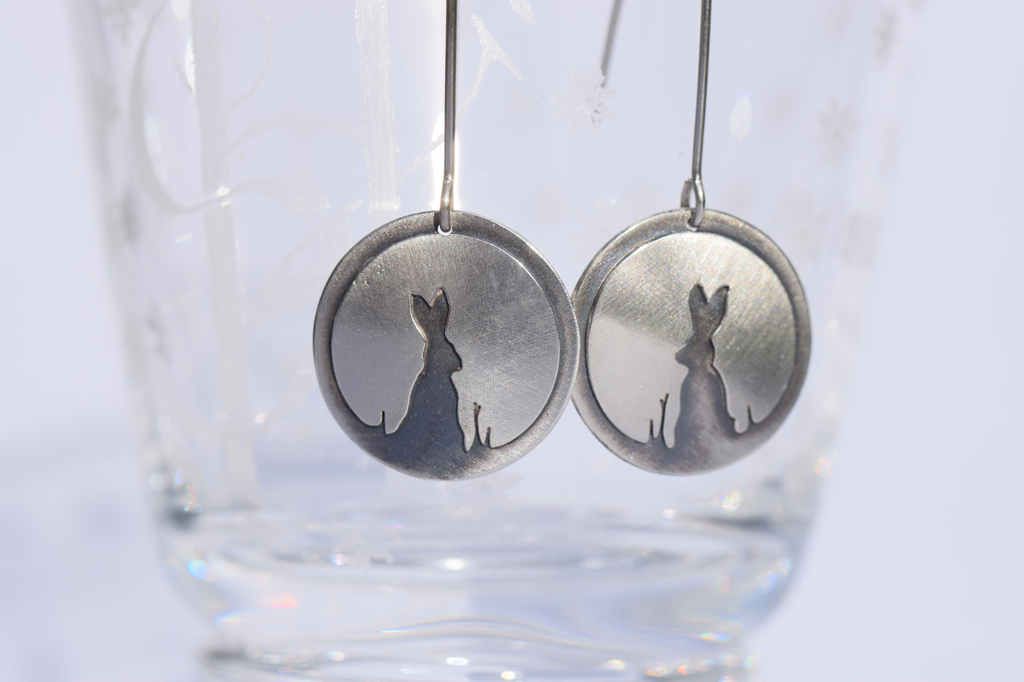 Hare in moon Long dangle earrings in sterling silver