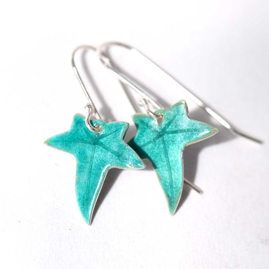 Small silver Ivy leaf earrings with enamel.